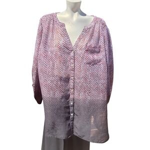 Womens Avenue blouse size 22/24 patterned button up Ombré Button Tab Sleeves
